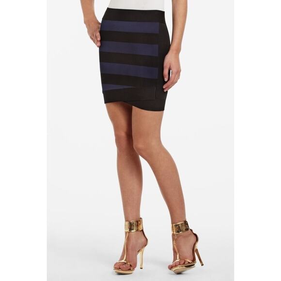 BCBGMAXAZRIA Alina Striped Banded Pencil Power Skirt Bodycon Blue Black Medium - Picture 1 of 10